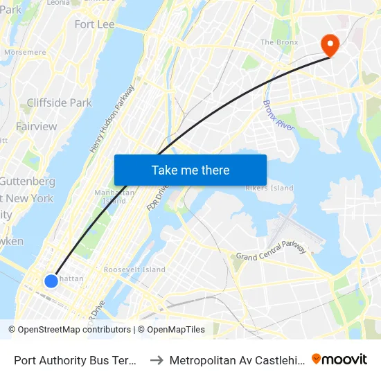 Port Authority Bus Terminal to Metropolitan Av Castlehill Av map