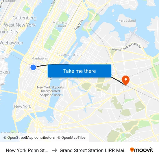 New York Penn Station to Grand Street Station LIRR Main Line map