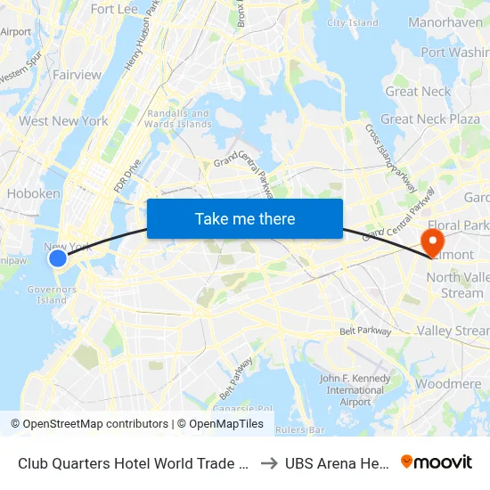 Club Quarters Hotel World Trade Center New York to UBS Arena Hempstead map
