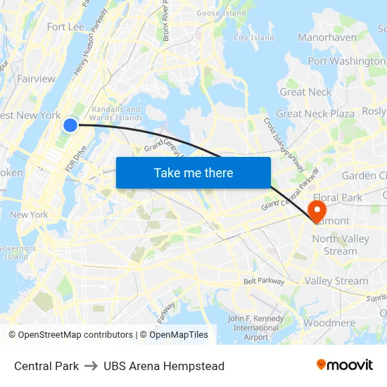 Central Park to UBS Arena Hempstead map
