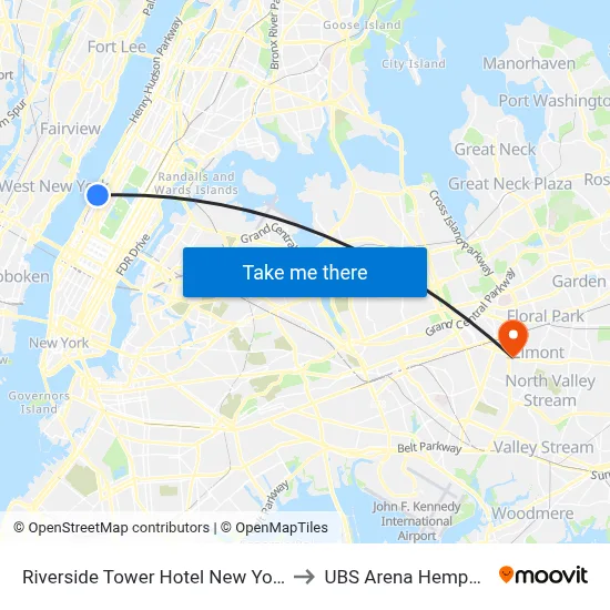 Riverside Tower Hotel New York City, 80 Riverside Dr to UBS Arena Hempstead map
