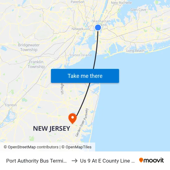 Port Authority Bus Terminal to Us 9 At E County Line Rd map