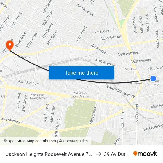 Jackson Heights Roosevelt Avenue 74th Street Station to 39 Av Dutch Kills map