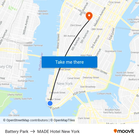 Battery Park to MADE Hotel New York map