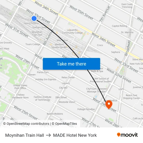 Moynihan Train Hall to MADE Hotel New York map
