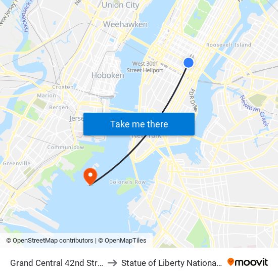 Grand Central 42nd Street Station to Statue of Liberty National Monument map