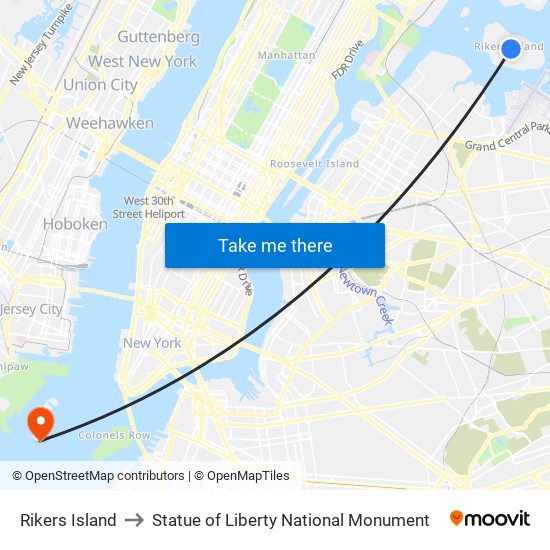 Rikers Island to Statue of Liberty National Monument map