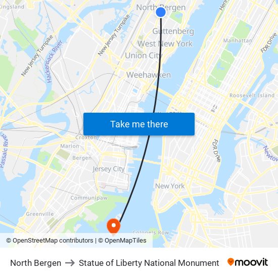 North Bergen to Statue of Liberty National Monument map