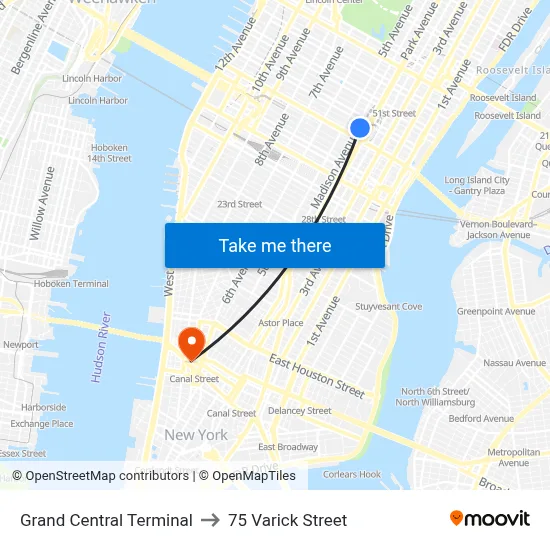 Grand Central Terminal to 75 Varick Street map