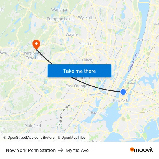 New York Penn Station to Myrtle Ave map