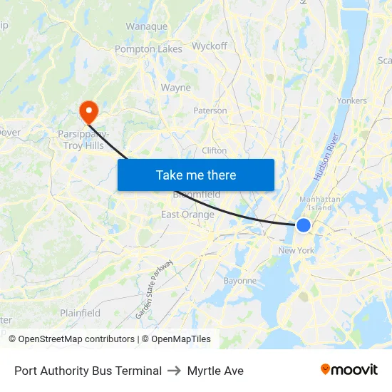Port Authority Bus Terminal to Myrtle Ave map