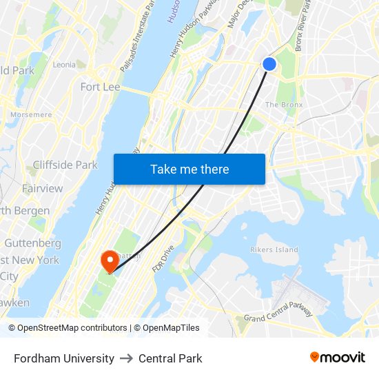 Fordham University to Central Park map