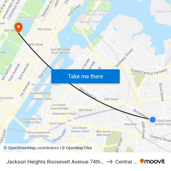Jackson Heights Roosevelt Avenue 74th Street Station to Central Park map