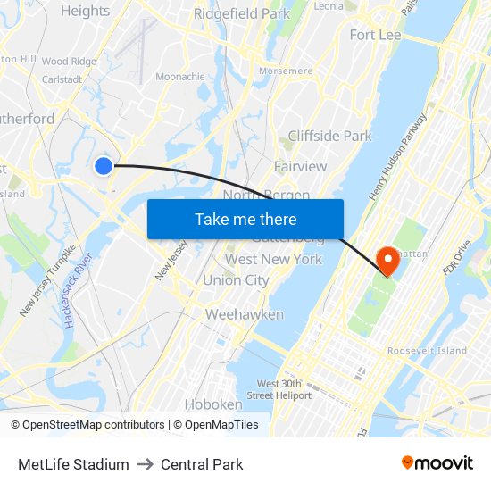 MetLife Stadium to Central Park map