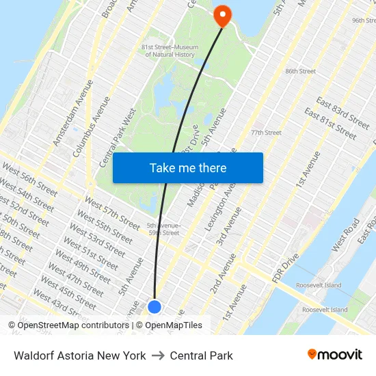 Waldorf Astoria New York to Central Park map