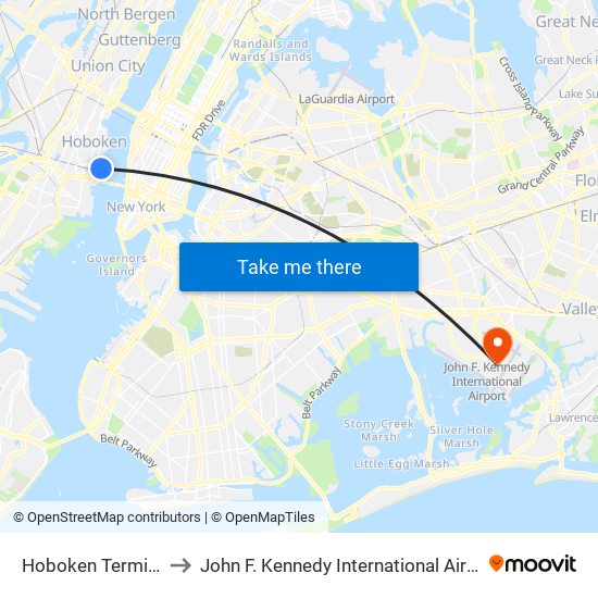 Hoboken Terminal to John F. Kennedy International Airport map