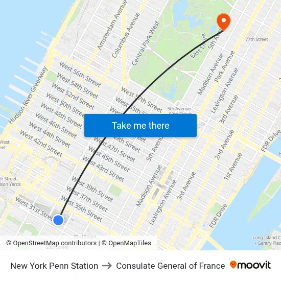 New York Penn Station to Consulate General of France map