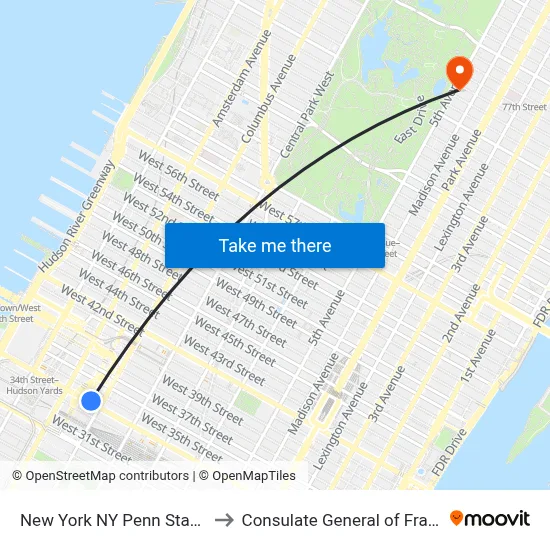 New York NY Penn Station to Consulate General of France map