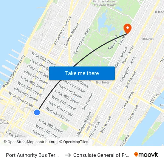 Port Authority Bus Terminal to Consulate General of France map