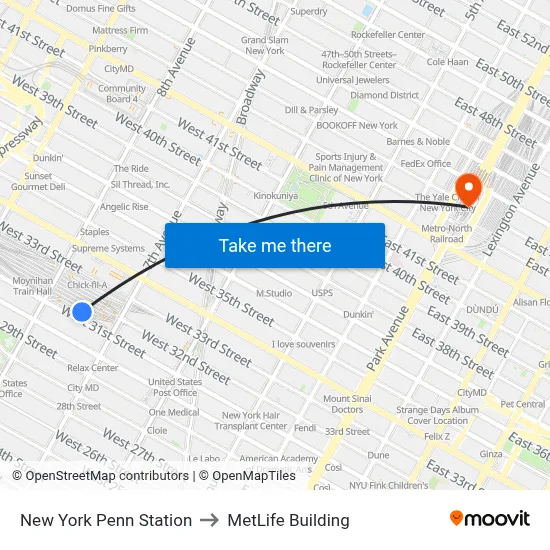 New York Penn Station to MetLife Building map
