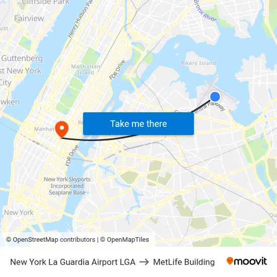 New York La Guardia Airport LGA to MetLife Building map