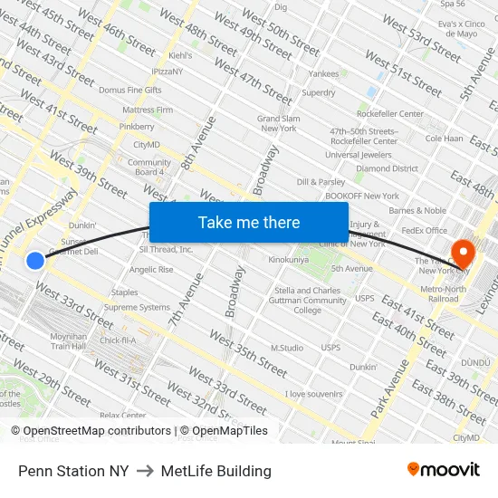 Penn Station NY to MetLife Building map