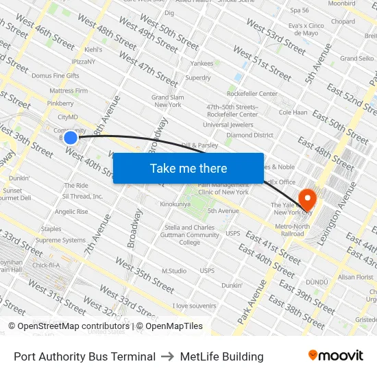 Port Authority Bus Terminal to MetLife Building map