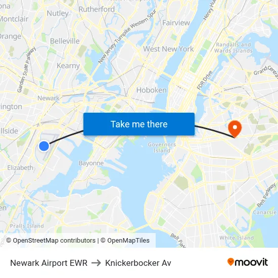 Newark Airport EWR to Knickerbocker Av map