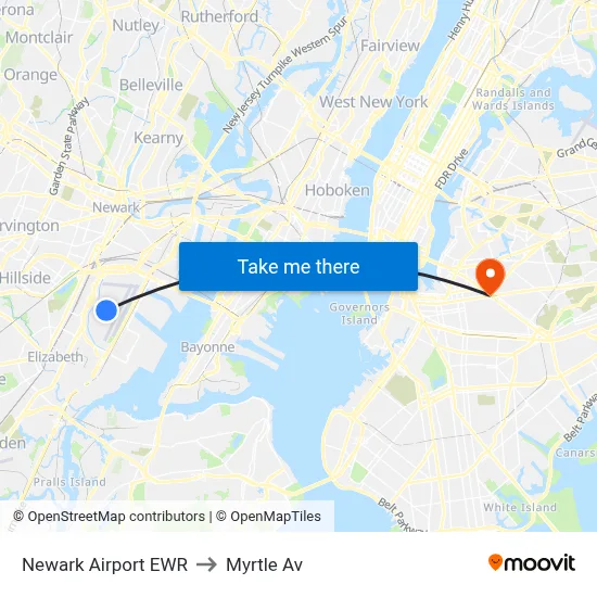Newark Airport EWR to Myrtle Av map