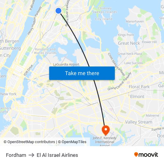 Fordham to El Al Israel Airlines map