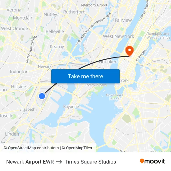 Newark Airport EWR to Times Square Studios map