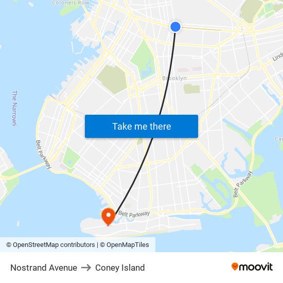 Nostrand Avenue to Coney Island map