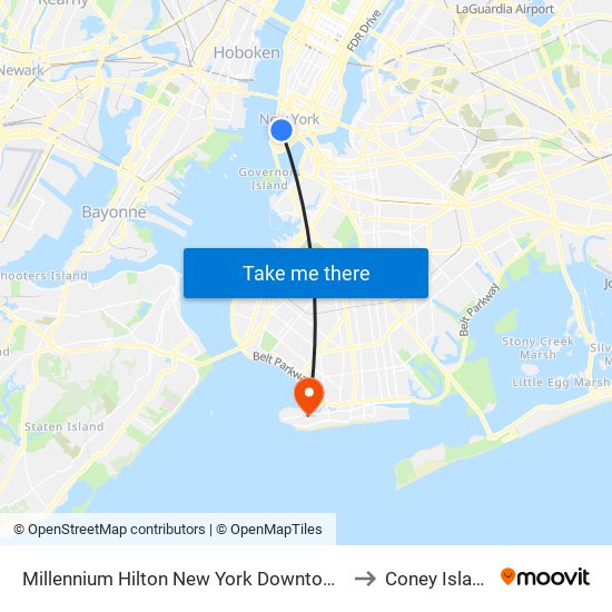 Millennium Hilton New York Downtown to Coney Island map