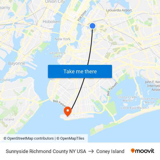 Sunnyside Richmond County NY USA to Coney Island map