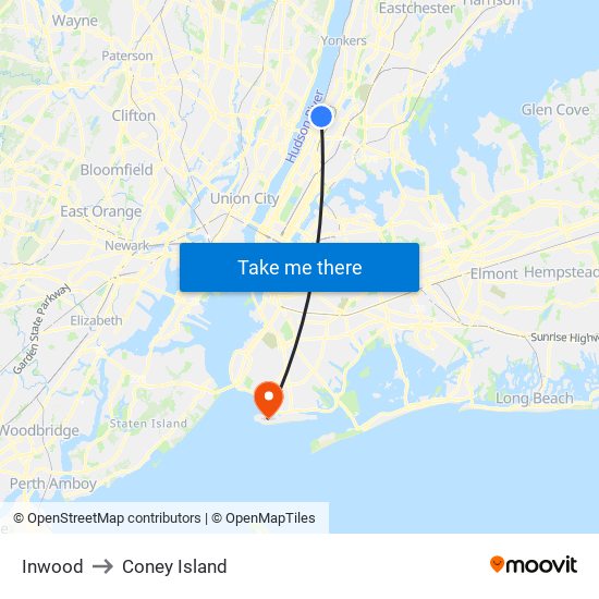 Inwood to Coney Island map