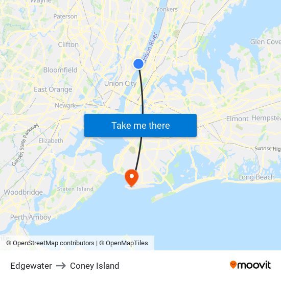 Edgewater to Coney Island map