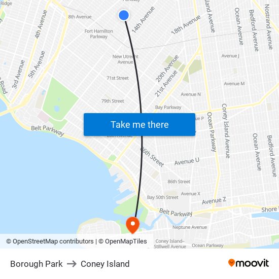 Borough Park to Coney Island map