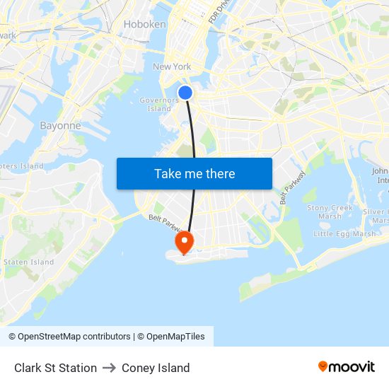 Clark St Station to Coney Island map
