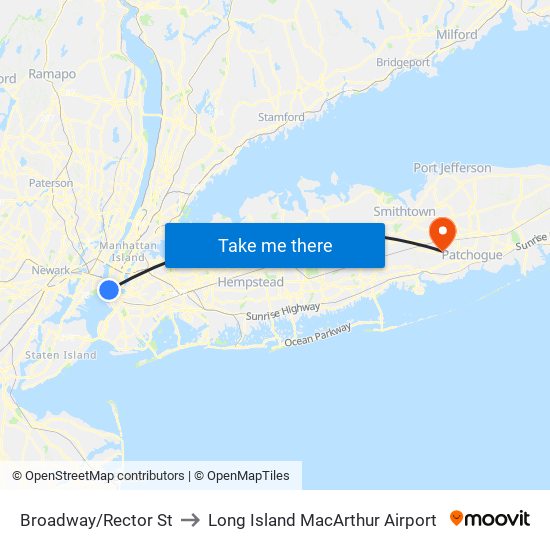 Broadway/Rector St to Long Island MacArthur Airport map