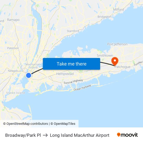 Broadway/Park Pl to Long Island MacArthur Airport map