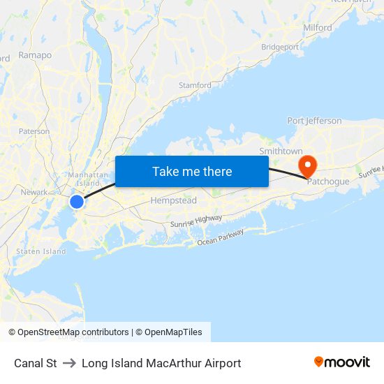 Canal St to Long Island MacArthur Airport map