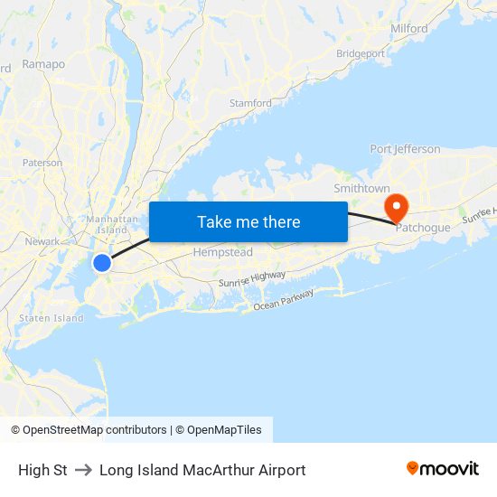 High St to Long Island MacArthur Airport map