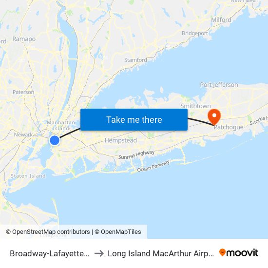 Broadway-Lafayette St to Long Island MacArthur Airport map