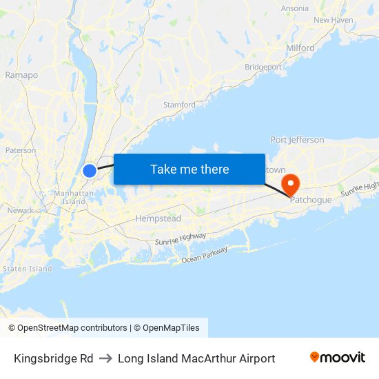 Kingsbridge Rd to Long Island MacArthur Airport map