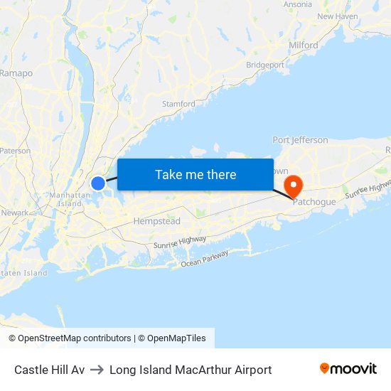 Castle Hill Av to Long Island MacArthur Airport map