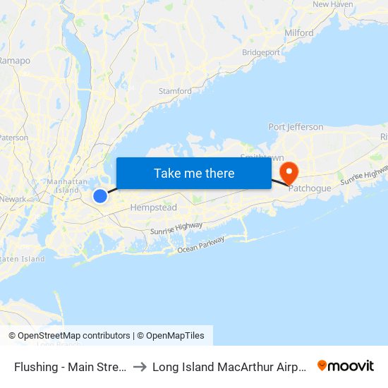 Flushing - Main Street to Long Island MacArthur Airport map