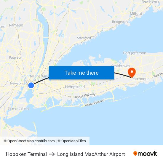 Hoboken Terminal to Long Island MacArthur Airport map