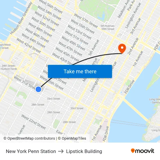 New York Penn Station to Lipstick Building map