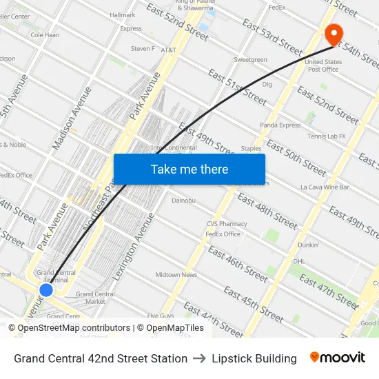 Grand Central 42nd Street Station to Lipstick Building map