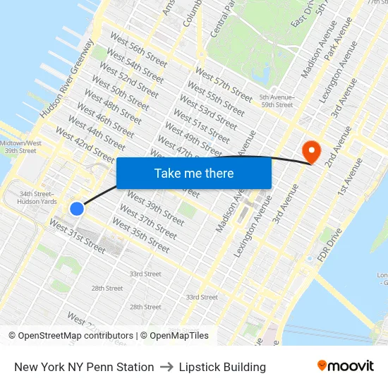 New York NY Penn Station to Lipstick Building map